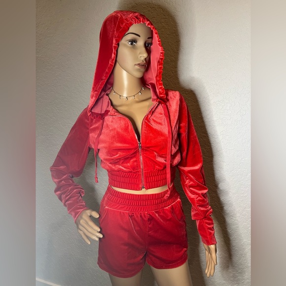 Red Velour Two Piece Jacket Short Set - Picture 2 of 5